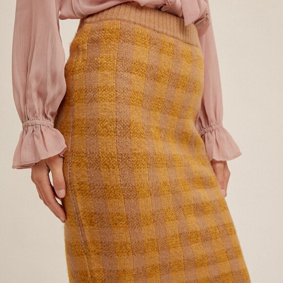 HEM & THREAD Mustard & Taupe Plaid Knit Pencil Skirt, Cozy Checkered Boutique - Picture 4 of 5